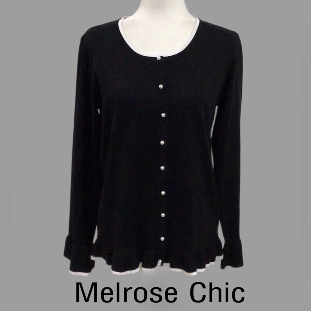 Melrose Chic Cardigan, Flare Cuff & Ruffled Bottom,‎ Black & White, Size L